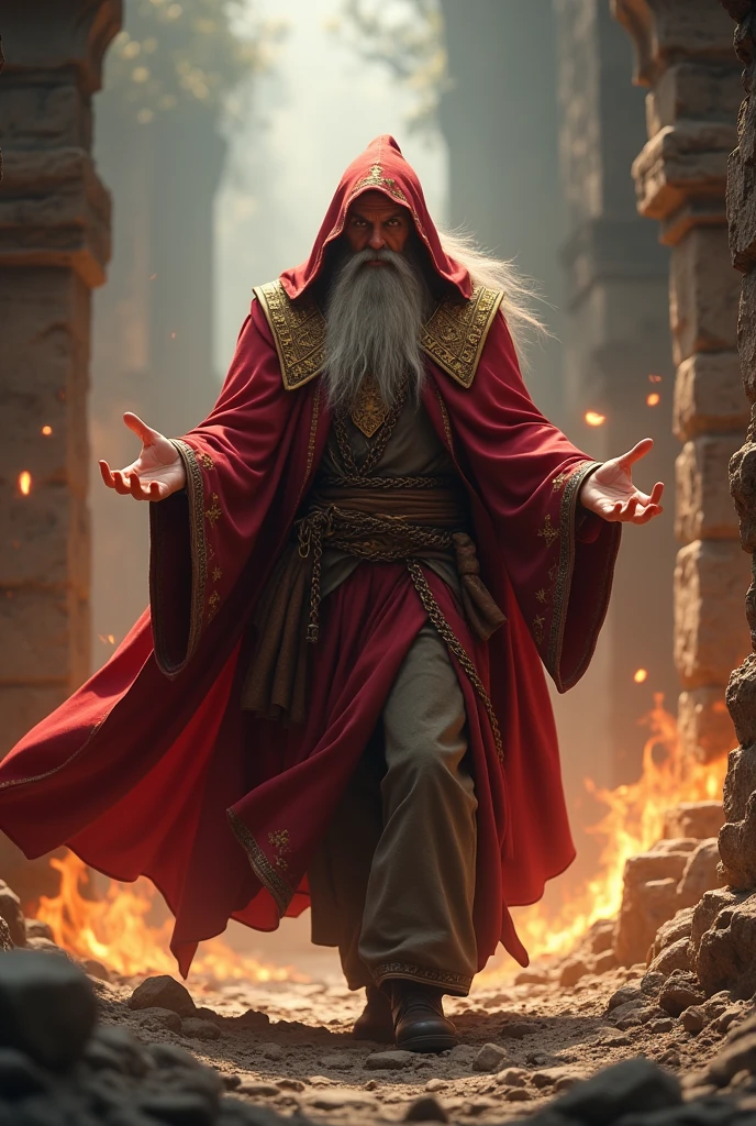 light fantasy rendering for a game, a wizard with a red cloak and gold details walking towards the camera, he has long hair with a big beard and an angry look on his face, there are some fire particles around the wizard, the wizard opens his hands and summons ruins encoded with forgotten symbols