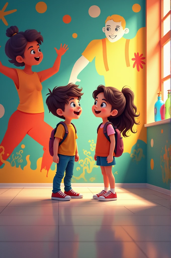 Create an image about a boy and a girl winning a contest at school for a mural of human figures and abstract elements