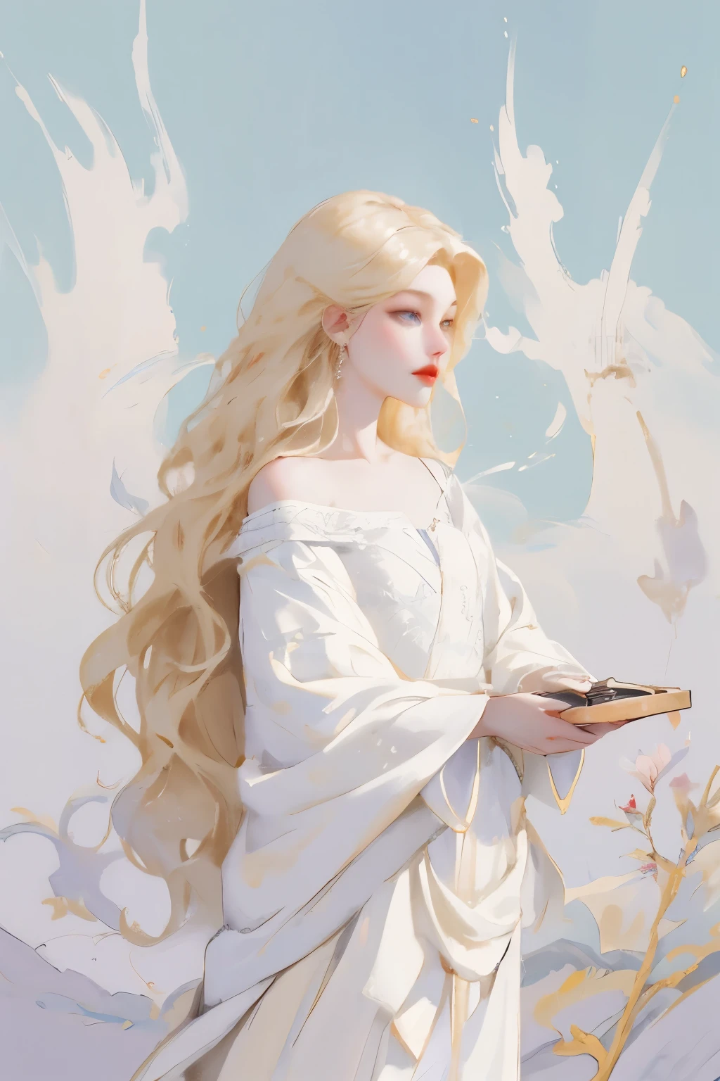 There was a woman in a white dress holding a music box, guweiz style artwork, guweiz on pixiv artstation, guweiz on artstation pixiv, Gu Weiss, Fantasy art style, Gu Weiss masterpiece, Beautiful and elegant queen, Beautiful character painting, Detailed digital anime art, Blonde Princess, White hair, Sky blue eyes, 