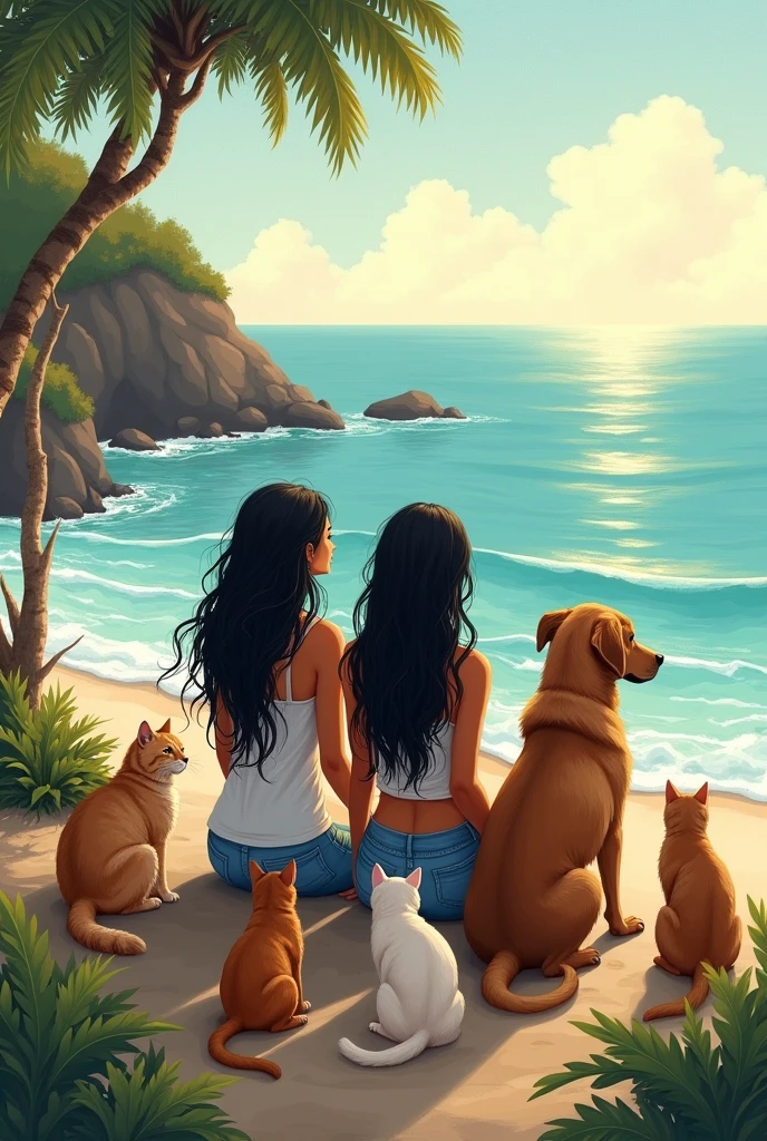 a drawing of two Brazilian women with black hair and surfing clothes sitting on the beach with two gray cats, two striped cats, a black and white cat, two white and orange cats and a golden retriever dog sitting next to each other