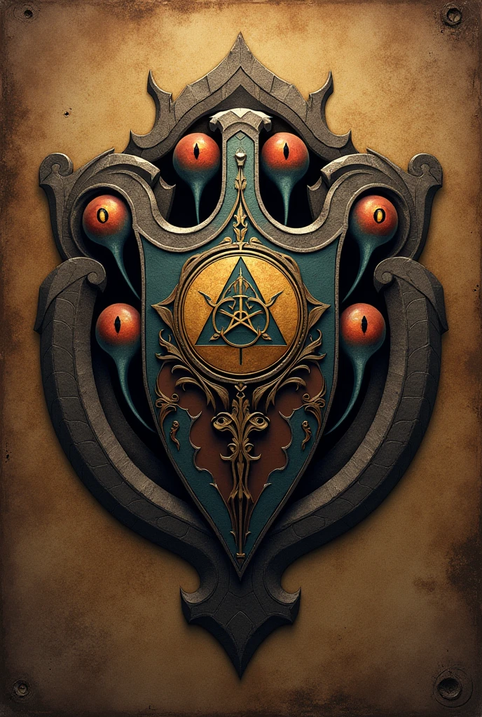 Create a heraldic crest for an investigators guild with five small beholder eyes emerging from behind the crest.