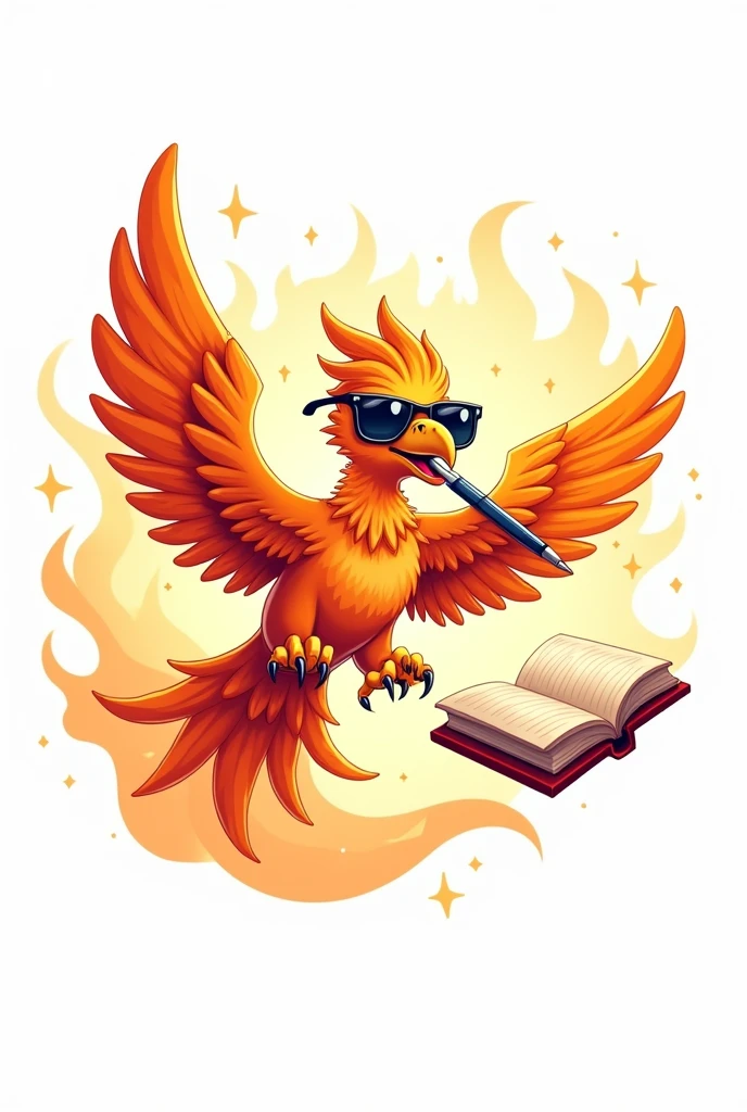 Cute cartoon of a male phoenix biting a pen while flying, white background. ,There is a book, there is a fire around the phoenix. ,Wear dark sunglasses ,No arms ,logo