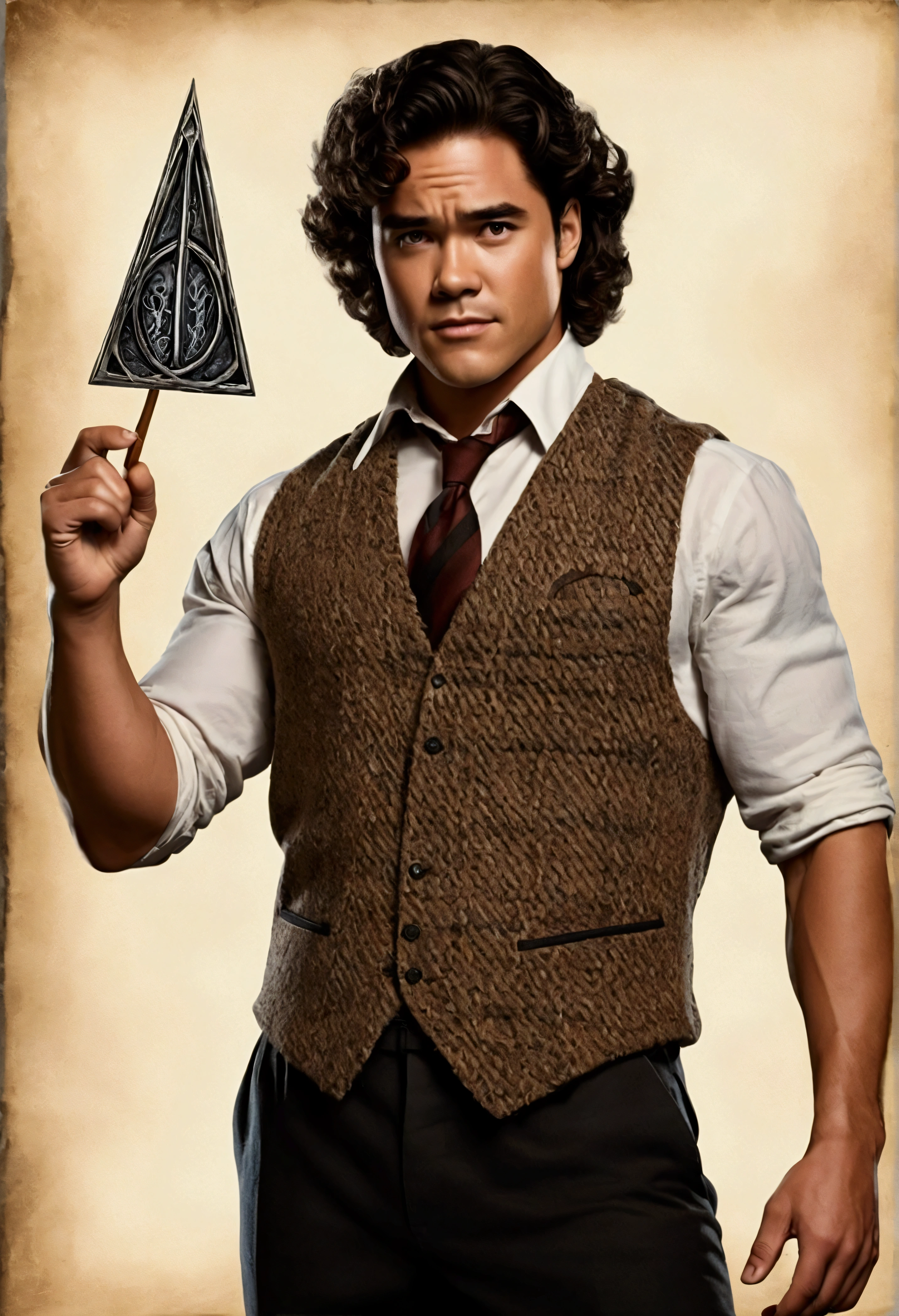 An illustrated movie poster, hand-drawn, full color, a Hogwarts Professor, 21 years old, male, brown eyes, brown-black hair, voluminous curly mane, suntan complexion, medium height, broad shoulders, stocky frame, muscular, rugged scruffy appearance, lots of body hair, resembles Dean Cain, wearing a tweed vest and slacks, gripping a magic wand, hard shadows, graphite shading, stencil marks, airbrushed acrylic paint, masterpiece, in the style of the Deathly Hallows