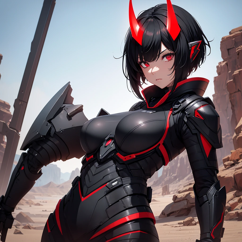 Make a character with short black hair. She is an alien, in black armor, with red details and she should have futuristic horns on her head. Make it in a desert and arid setting.