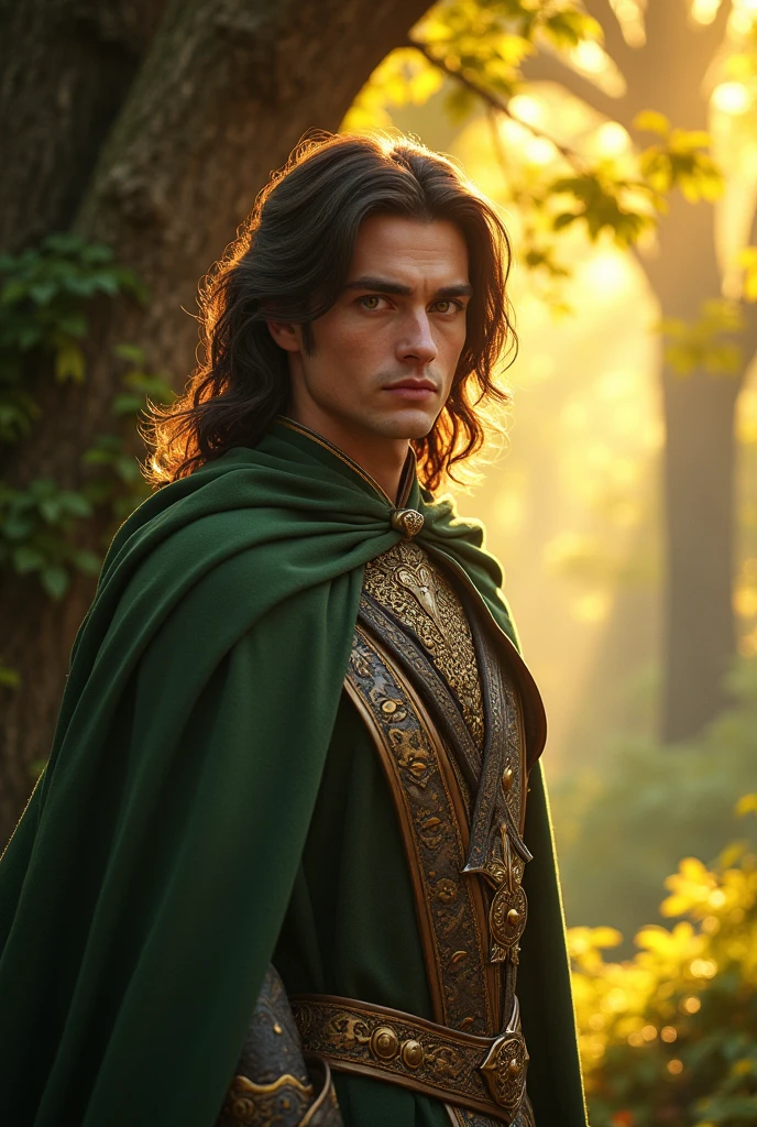A handsome prince, beautiful detailed face, piercing eyes, lush long hair, standing near a towering tree, in a luminous fantasy forest, golden sunlight filtering through the leaves, vibrant green foliage, flowing cloak, medieval attire, ornate armor, regal bearing, serene expression, atmospheric lighting, cinematic composition, highly detailed, 8K, photorealistic, dramatic lighting, epic fantasy, digital art
