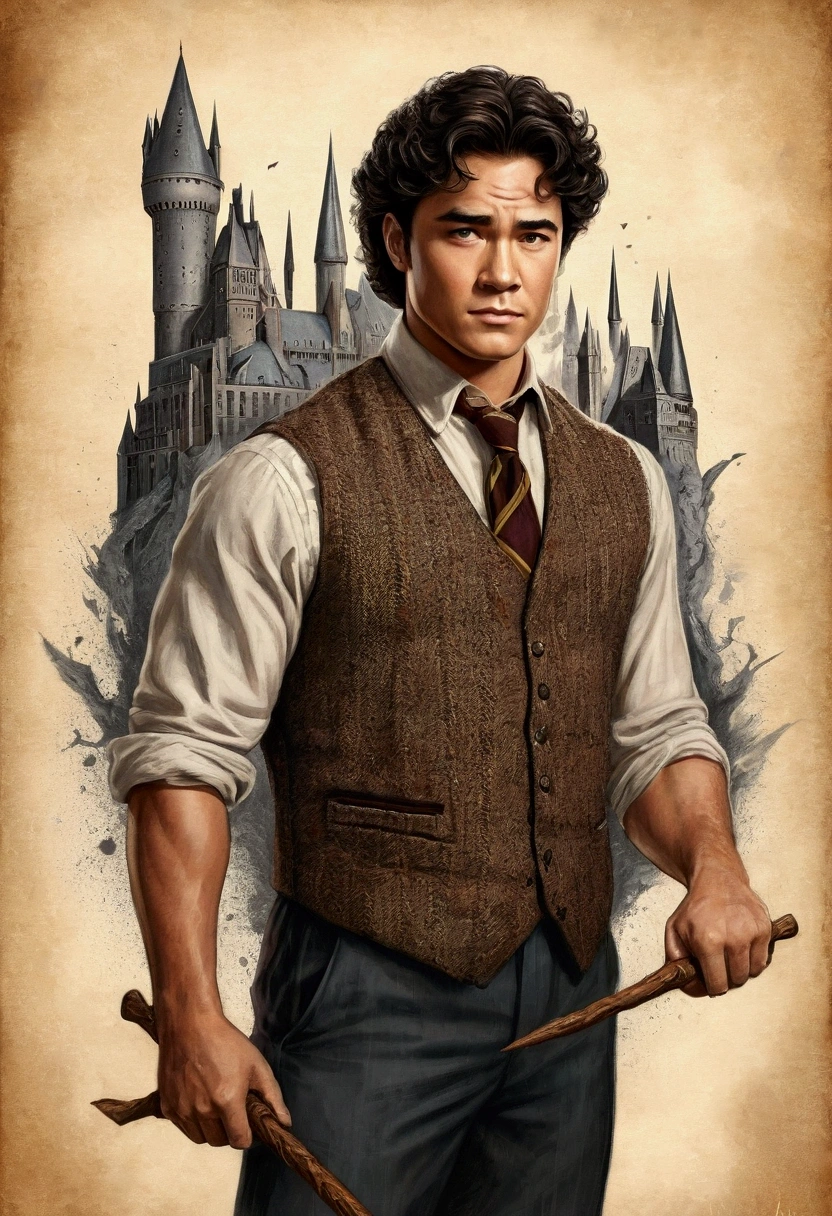 An illustrated movie poster, hand-drawn, full color, a Hogwarts Professor, 21 years old, male, brown eyes, brown-black hair, voluminous curly mane, suntan complexion, medium height, broad shoulders, stocky frame, muscular, rugged scruffy appearance, lots of body hair, resembles Dean Cain, wearing a tweed vest and slacks, gripping a magic wand, hard shadows, graphite shading, stencil marks, airbrushed acrylic paint, masterpiece, in the style of the Deathly Hallows