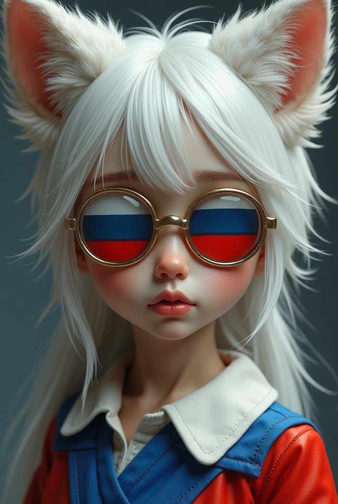 girl white wolf ears and whiskers on her face with russia flag clothes, and russia flag on her huge glasses