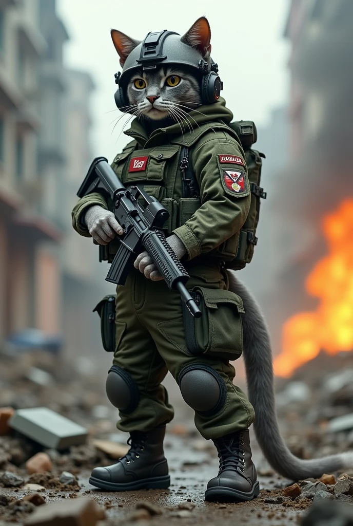 A gray cat with a human body wearing a complete special forces uniform with the Indonesian logo,nametag "deep" ,wearing a special forces helmet,special forces boots holding automatic rifle ready to shoot position,background of a destroyed city there is an explosion,dust,debris from destroyed buildings flying through the air,cinematic,perfect detail,--AR 16:9