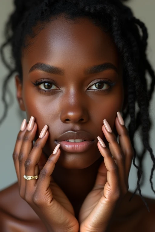 A woman with dark skin and realistic nails