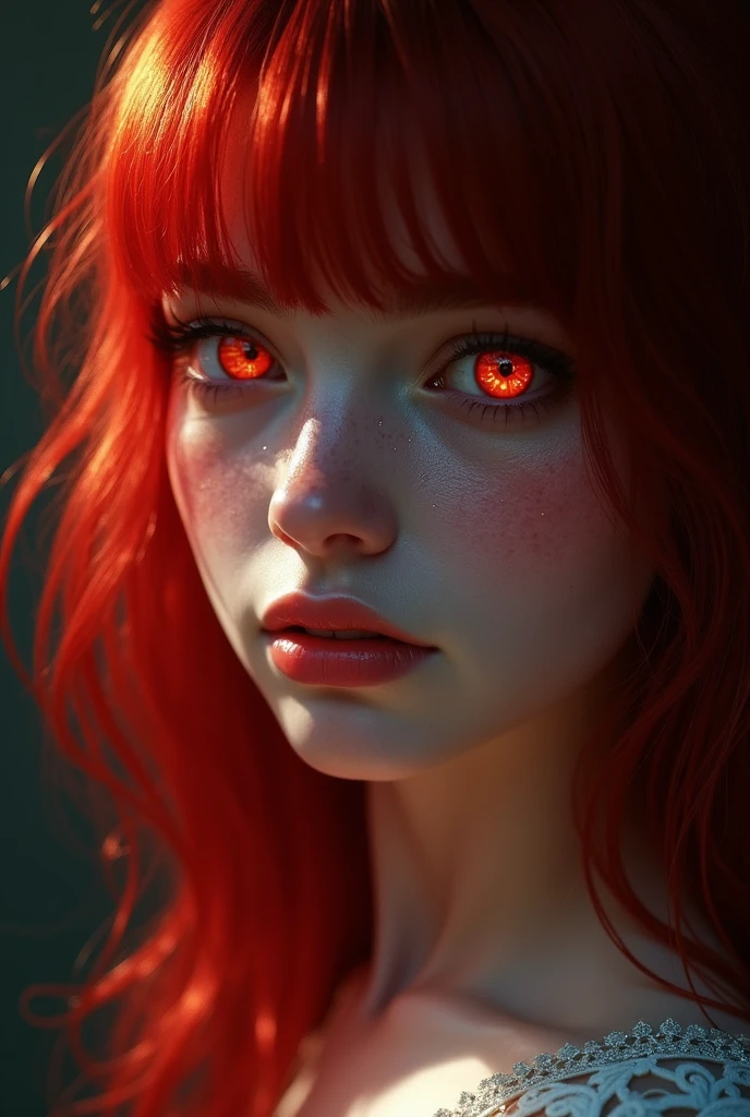 1girl, star eye, blush, perfect illumination, red hair, red eyes, unreal engine, sidelighting, detailed face, bangs, bright skin, simple background, dark background. Mulher sexy semi-nua mostrando o corpo todo.