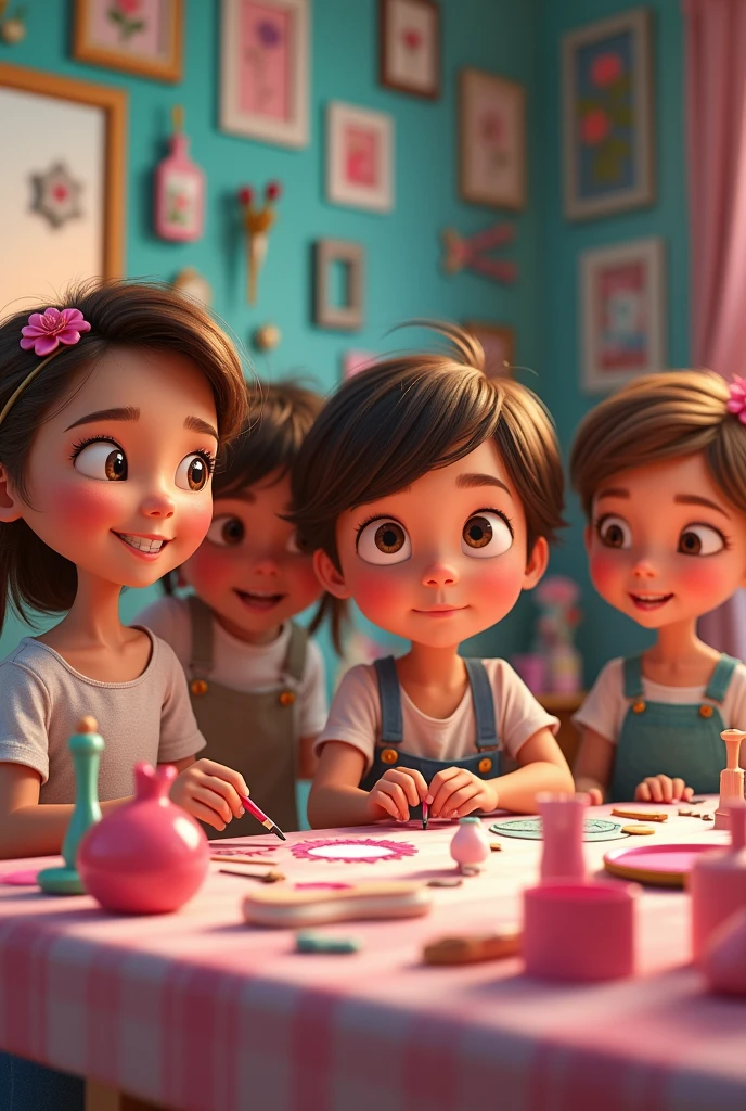 Create an image of two boys and three girls with a profession as a beautician in the Disney Pixar style