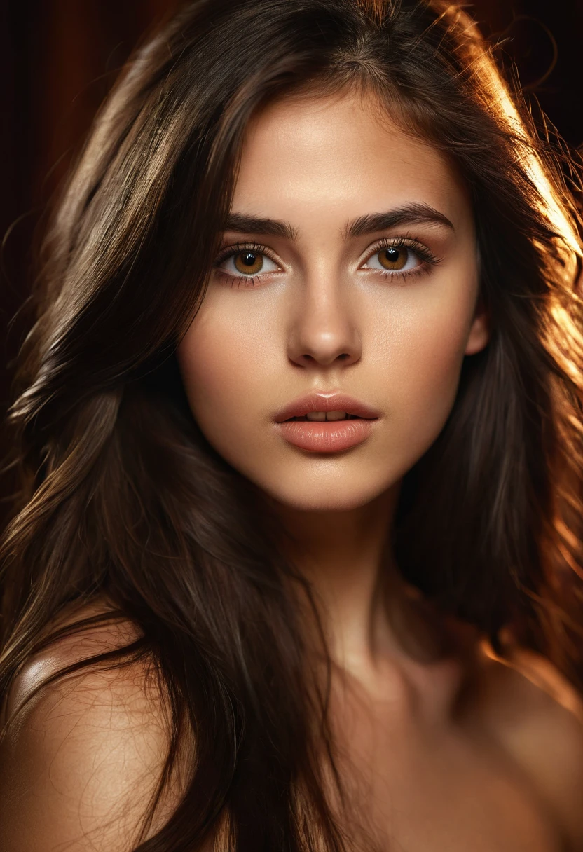 a beautiful naked young woman with long dark brown hair, 23 years old, sensual expression, posing gracefully, cinematic lighting, very detailed face, extremely detailed eyes and lips, detailed skin texture, photorealistic, award winning digital art, cinematic composition, dramatic lighting, rich warm tones
