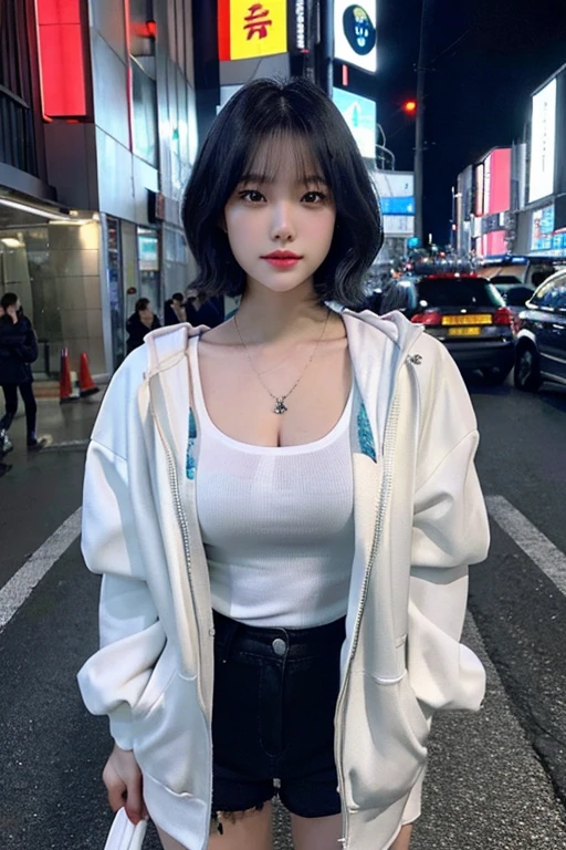 a realistic, high resolution, 1girl, solo, hip-up, looking at viewer, (detailed face), white hair, long hair, best quality, 8k, photorealistic, ultra-detailed, cinematic lighting, dramatic lighting, beautiful detailed eyes, beautiful detailed lips, extremely detailed face, long eyelashes, intricate details, volumetric lighting, chiaroscuro, hyperrealism, oil painting, masterpiece, whole body,a beautiful japanese woman with very short bob haircut, full body shot, wearing fashionable clothes, necklace, cinematic aesthetic:1.4,beautiful fashion model photo in bokeh city night,full body shot,Standing figure with feet projected、In stylish winter clothes