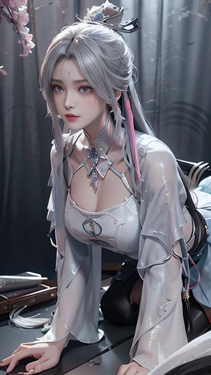 a white hair、Close-up of Miss wearing white mask, Beautiful character painting, Guweiz, Gurwitz-style artwork, White-haired god, author：Yang Jie, Epic and beautiful character art, Stunning character art, author：Fan Qi, by Wuzhun Shifan, pixiv Art Street Guviz, Single ponytail, insult, High Ponytail, Tall and big, Long legs, Walk, elegant, dignified, Miss, Beautiful curves, sweet smile, Strong sense of detail and layering, colour丰富绚丽, Has a unique texture, rich and colourful, colour, vivid, Design Art, 16K, Super detailed, {{illustration}}, {Extremely refined}, {Exquisite surface treatment}, Super detailed, Delicate and shining eyes, {{Light}}, Ultimate light effect, model: Realism, CFG size: 12, Laura: Bright texture (1.35), high quality, masterpiece, Exquisite facial features, Delicate hair depiction, Detailed depiction of the eyes, masterpiece, best quality, Light line tracing, Extremely detailed CG unified 8k wallpaper, masterpiece, best quality, (1 girl), Perfect Miss Body, naked, beautiful eyes, (Delicate face), short black hair, Tie your hair up, Light blue hairpin, Black silk frame glasses, in class, (White skin), (Optimal Lighting), (Super intricate details), 4k unity, (Super detailed CG), Showing off her white legs,Sexy Long Legs, Thin waist, Extremely detailed depiction, Pink Hair, Asymmetrical bangs, Hands on thighs, Move your eyes away, 8k resolution, Raise an eyebrow, shiny hair, Flower head, Wristbands, bandage，Leather sexy pose, simple grey background, Climbing towards the viewer, Kitten pose, On all fours,