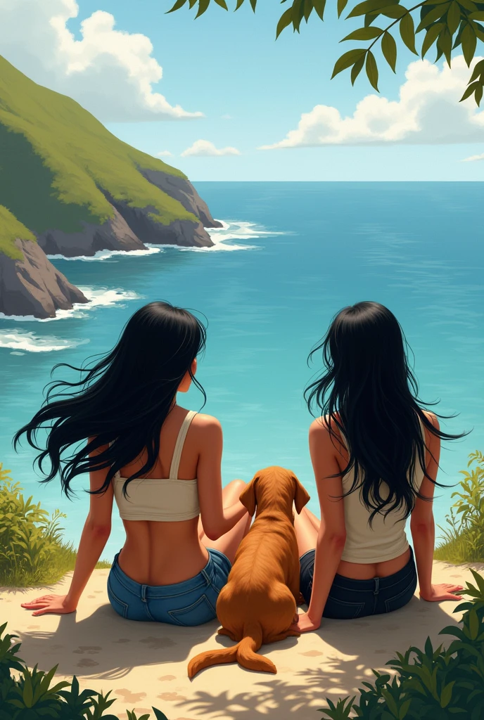 a drawing of two Brazilian women with black hair sitting looking at the sea with cats and a large golden retriever dog sitting next to them
