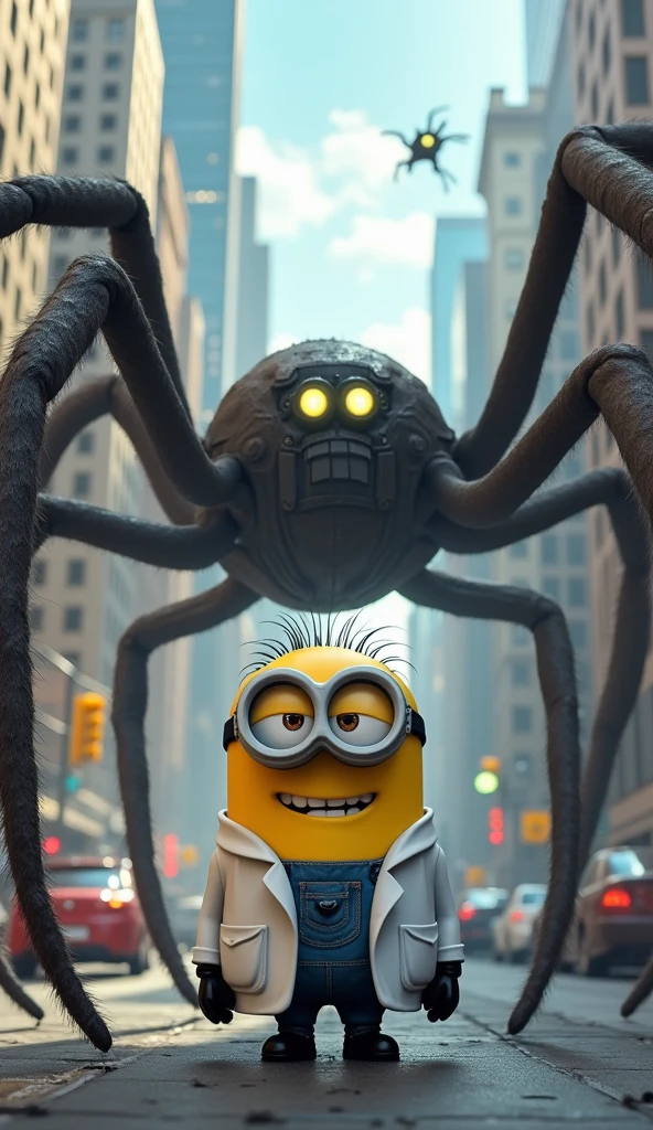 Image of Minion wearing a scientist outfit standing in the middle of the city with a swarm of giant scary spiders