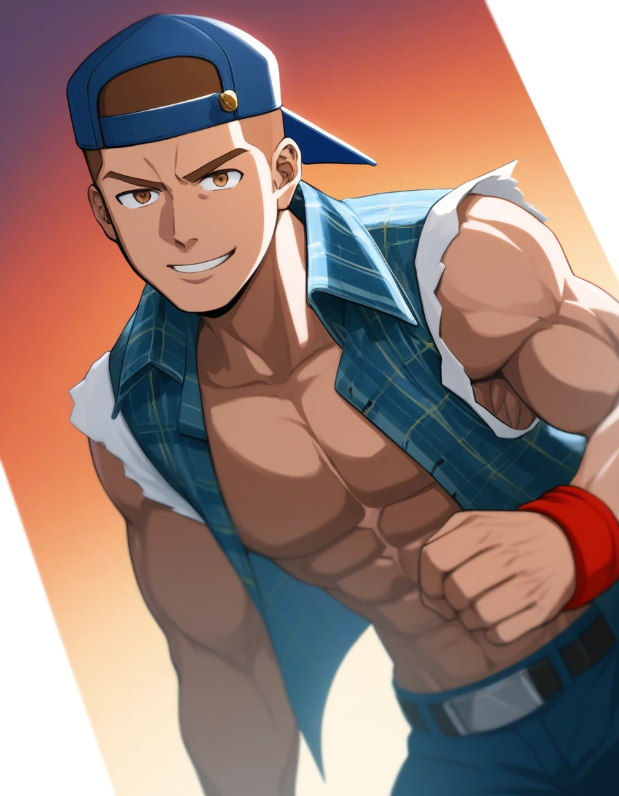 1man, urban hero in fighting game, middle muscular, very short hair, blond, masculine, handsome, brown eyes, solid chinpira, BREAK solo, abs, >:>, smug, thick abs, cool emotion, BREKK backwards hat, open shirt, cropped shirt, red collared shirt, sleeveless shirt, brown plaid shirt, blue baseball cap, jeans, red wristbands, BREAK upperlegs, dynamic expression, game keyvisual, 1990s, in capcom art style, in color comic style, BREAK depth of field, dutch angle, cinematic shadows, cinematic lighting, texture, absurdres absolutely resolution, extreme all detailed, greatest painting, BREAK masterpiece, best quality, BREAK score_9, score_8_up, score_7_up, source_anime, rating_safe, score_6_up, score_5_up, score_4_up