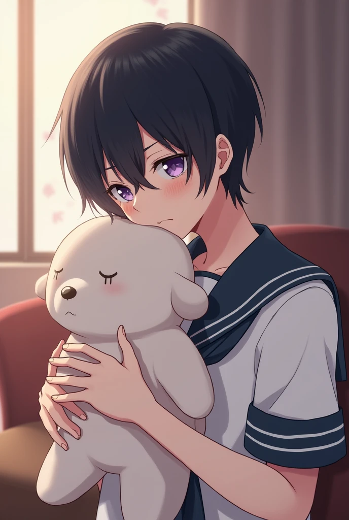 ((male)),Black short hair,Purple eyes,White Sailor Suit,Short sleeve,living room,lower one's head,Holding a stuffed animal in your hand,