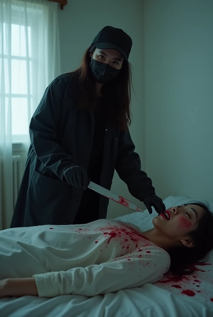 korean girl, (behind stiff, holding knife), stabbing, black surgical mask, black gloves, sunglasses, white room, black raincoat, trucker hat, holding knife, black gloves, , woman on top, behind cadaver, blood splatter, on the bed, looking at viewer, mass murderer, killer, blood splatter, dark atmosphere, cinematic lighting, atmospheric realistic, light from the window,
