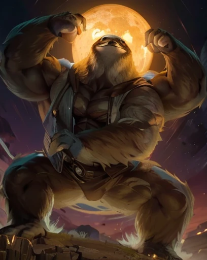 Here’s a detailed description of the image, along with the requested modifications:
---
The image depicts a colossal, muscular sloth-like creature standing powerfully under the radiant light of a massive Supermoon. The sloth is in a dynamic pose, with its arms raised and flexed, exuding immense strength. Its fur is dense and slightly brown, with a striking texture that adds to its intimidating appearance. The sloth's face, while larger and more ferocious, retains some of the gentle features characteristic of a typical sloth, including a pattern of white fur that contrasts with the brown fur on its body.
The sloth is wearing a yellow hoodie with the hood down, adding a casual yet surreal element to its otherwise fearsome transformation. The hoodie is slightly stretched due to the creature's massive size, and you can see the detailed fabric folds, emphasizing the tension of the material.
The scene is set against a dramatic night sky, with the Supermoon glowing intensely behind the sloth's head, almost like a halo, casting an ethereal light that illuminates the entire scene. The ground beneath the sloth is cracked, likely due to its immense weight, and there is a sense of movement, as if the sloth has just stomped with great force.
To modify the image as requested:
- Ensure that the sloth has only **two arms** instead of multiple limbs.
- Each hand should have **three fingers** with pronounced, sharp claws.
- Maintain the yellow hoodie with the hood visible, keeping its casual yet iconic appearance.
This description should guide the modifications to make the image align more closely with your vision.