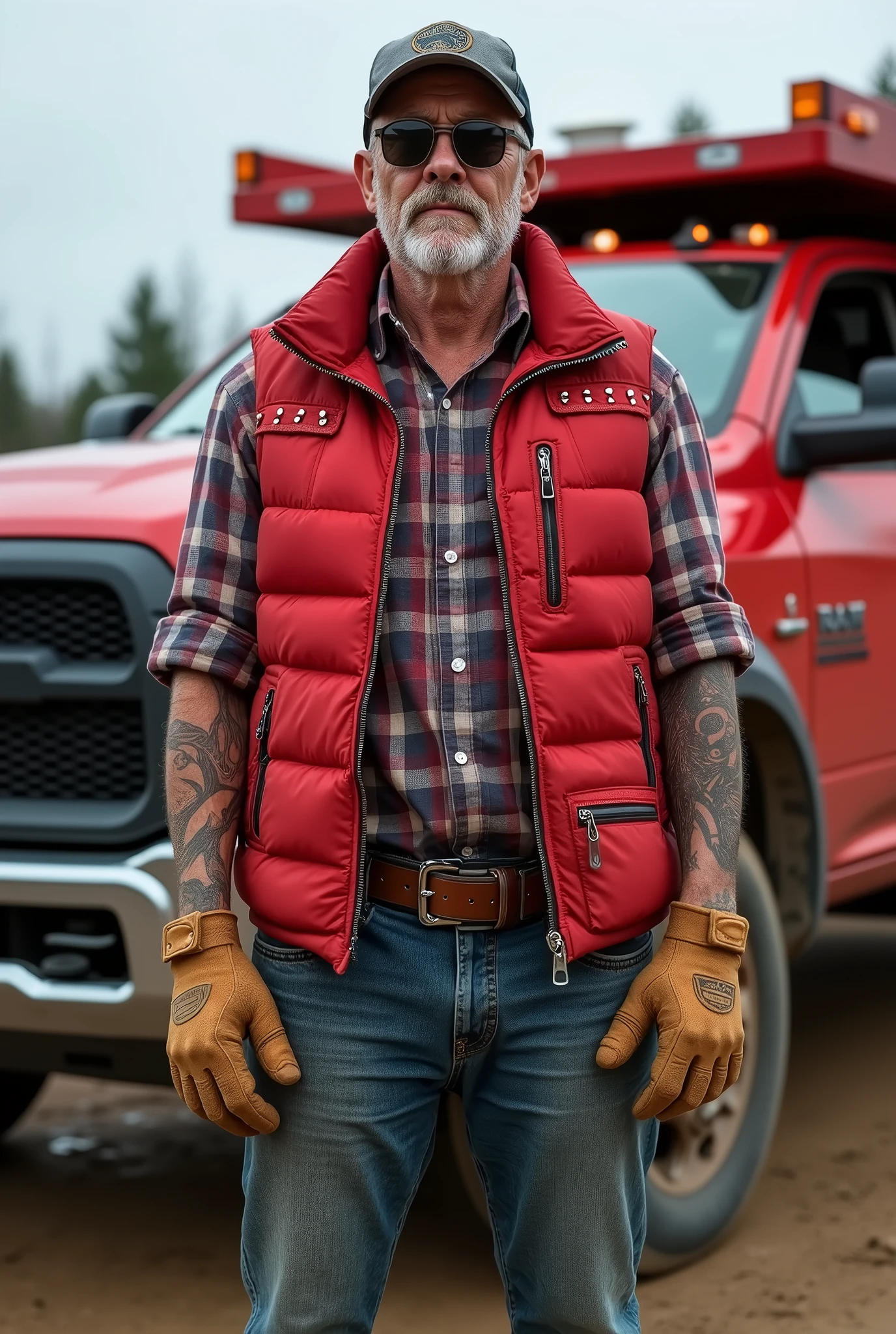 A fifty-year-old contractor, he stands 176cm tall, weighs 75 kg, he has short salt-and-pepper hair, and is unshaven. He wears a grey cap, aviator sunglasses, a red sleeveless puffer jacket with studs and full-length zipper, a plaid flannel shirt with rolled-up sleeves, tattoos apparent on both arms, a stainless wristwatch, tan leather work gloves, blue denim jeans with a brown leather belt, and brown leather work boots stands in front of a red 2024 RAM 5500 crew cab with Knapheide service body