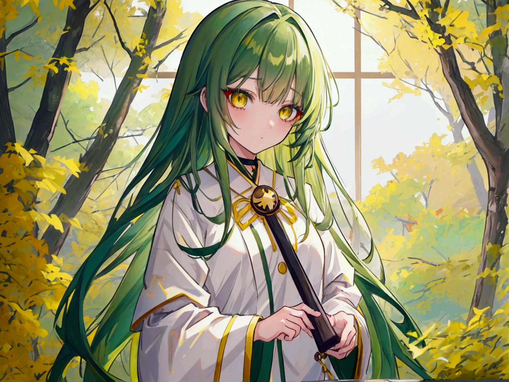 a girl with long dark green hair, yellow eyes,hair behind ear, アニメ, アニメ style, uhd, masterpiece, accurate, anatomically correct, super detail, high quality, high details, award winning, highres, best quality, 8k,pajamas,Bangs,