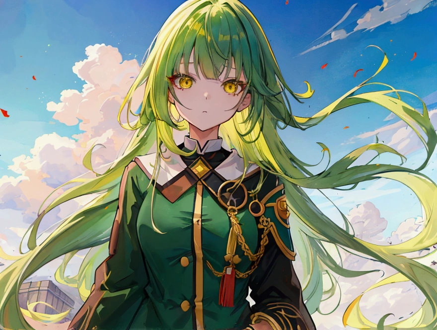 a girl with long dark green hair, yellow eyes,hair behind ear, アニメ, アニメ style, uhd, masterpiece, accurate, anatomically correct, super detail, high quality, high details, award winning, highres, best quality, 8k,pajamas,Bangs,