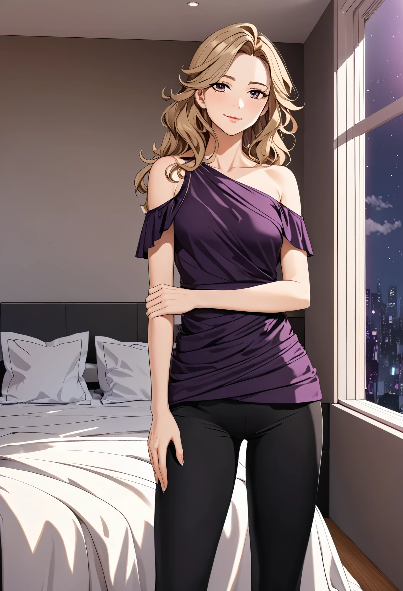 (masterpiece), (high resolution, 8k), (high detailed), woman mature, tall, (wavy long hair (dark blonde)), beautiful face, (close mouth:1.2), tired smile, small breast flat, wearing dark amethyst colored crystal themed cold shoulder asymmetric draped top, black leggings pants with skirts layers, standing on bedroom, anime style, unaestheticXL_bp5, SimplePositiveXLv2