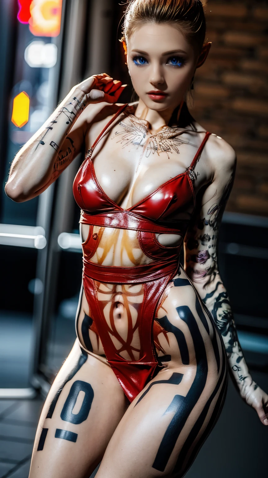 full body portrait, wide angle, a woman in her late 30s, various modeling poses,slim_soft_and_slender build, (very low set breasts:1.4), (small bust:1.4), bodycon dress (red:1.4), honey blonde hair in a messy bun, 8k,masterpiece,strong details,vivid colors,extremely detailed tattoos,extremely detailed face and body, perfect posing, perfect anatomy, NYC street, jack, no bra