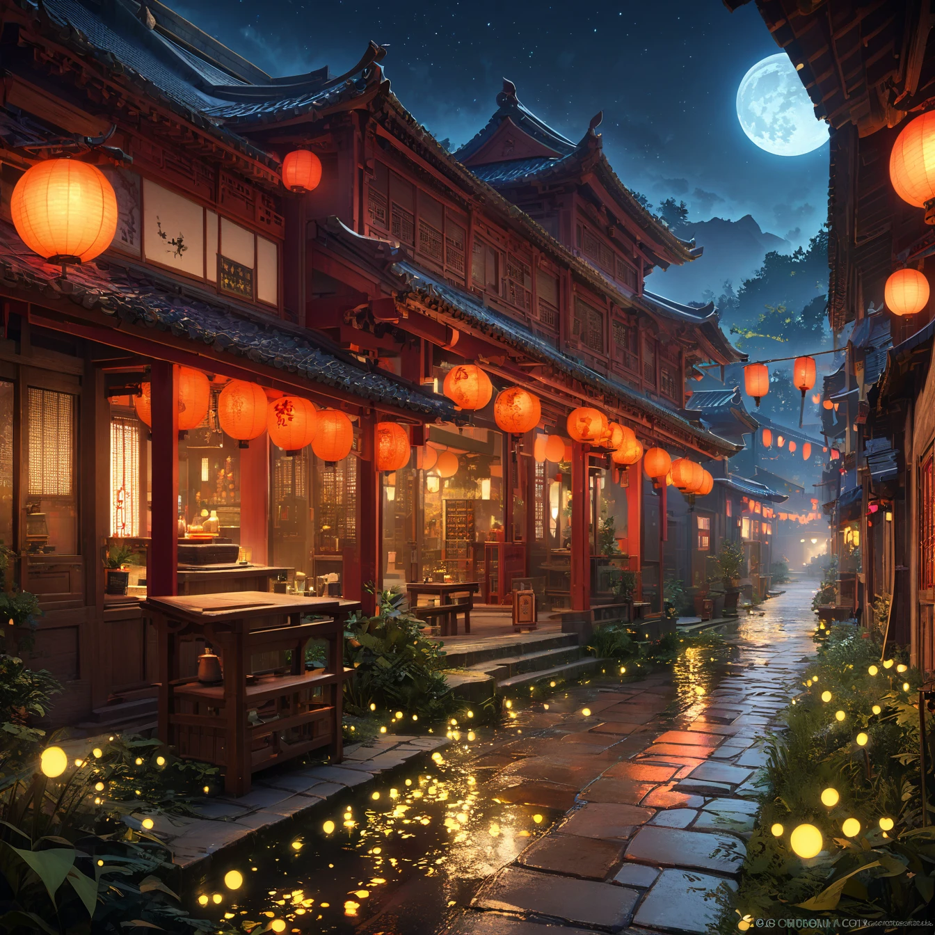 Official Art, ancient China, Ancient Street, (Lots of fireflies), (night), (moon), Light, beautiful scenery, Magnificent scenery, Realistic lighting, masterpiece, high quality, Beautiful graphics, High Detail, Global Illumination, Unreal Engine Rendering, Octane Rendering, (high resolution:1.3)