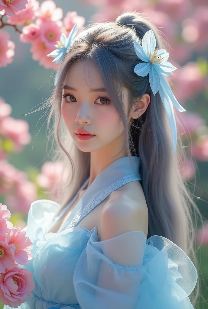 (masterpiece,Highest quality:1.4),(8k,RAW Photos,Photorealistic:1.4),Ultra-high resolution, ,(Glowing Skin:1.4),Detailed肌,Detailed顔,Detailed目,(Beautiful and shining eyes:1.2),Symmetrical eyes,Detailed耳,One person,Natural Makeup,(((Japanese Idols))),(Japanese Face),Detailed背景,Vivid background,、Peach Blossom Garden、Fairy、Beautiful and shiny hair,,((Average teenage breasts)),,(Detailed Female Hermit、A light blue, sheer, fantastical costume、chinese movie),,((Sharp Face)),Natural light,,(Very detailed ,Trend design for 2024,online shopping,LUMINE® Market,),,Upper Body,,(Detailed,Location was great.),,、、Random Posing