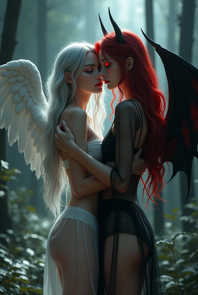 A hyper realistic, ultra sharp focus, intricate detailed, detailed beautiful face, detailed skin texture, photo realistic, photo real, 2 korean young girls, 1 girl wearing white transparent mini night gown, silver long wavy hair, grey eyes, white angel wings, pink moist lips, slender body.
She's hugging another girl that has red long wavy hair, red eyes, slender body, wearing transparent black mini night gown, black devil wings, red nail, red moist lips, sharp fangs.
They're looking sharp to the viewer. in the Dark forest, backlighting, some ray of light behind
