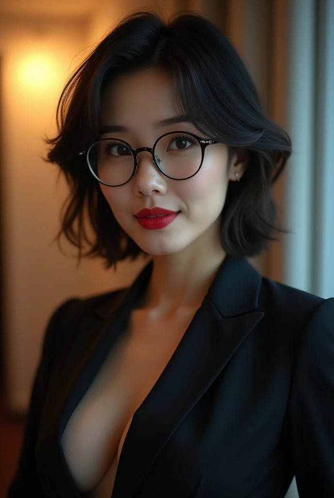 (Highest quality、Highest quality、8k resolution、masterpiece、Professional photography、Award-winning works)、(mature beautiful japanese woman:1.1)、(The most romantic office night ever 1.1)、(Strongly blurred background:1.1)、The most romantic and moody atmosphere、(The perfect business suit:1.2)、(Cleavage:1.3)、(Voluptuous body:1.3)、Standing Elegantly、Voluptuous body、(Very short wavy hair:1.1)、(Classy glasses:1.2)、A seductive look staring at me、(Large Breasts:1.3)、Perfect Makeup、Beautiful lipstick、Elegant eyeshadow、Long eyelashes、Ultra-high resolution glossy skin、(Accurate anatomy:1.1)、(Closed lips:1.2)、(Face close-up:1.2)