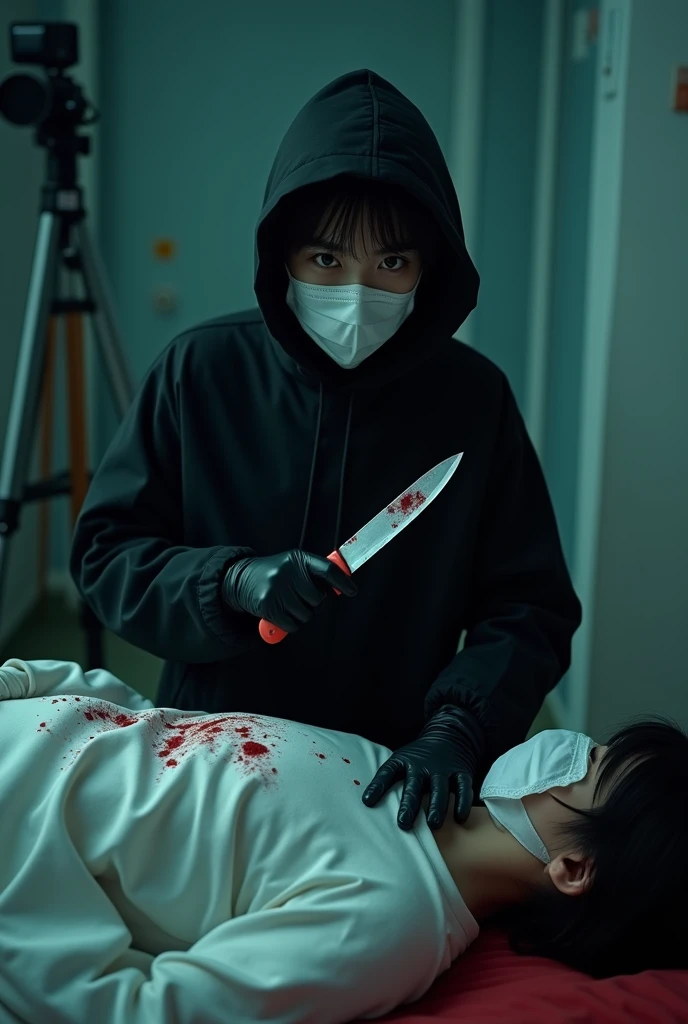 korean girl, (behind stiff, holding knife), surgical mask, black leather gloves, room, black raincoat, hood up, holding knife, leather gloves, woman on top, behind cadaver, looking at viewer, blood splatter, bed room, night, mass murderer, killer, short hair, blood splatter, dark atmosphere, cinematic lighting, atmospheric realistic, neon lighting, tripod and camera in the back, shooting with camera