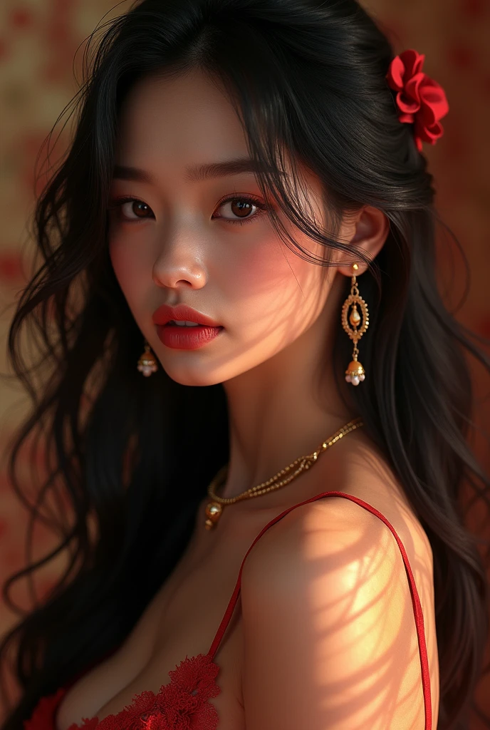 a beautiful girl from blackpink,lisa,wearing a hot red dress,long dark hair,beautiful detailed eyes,beautiful detailed lips,extremely detailed face and skin,elegant pose,detailed jewelry,intricate lace details,dramatic lighting,cinematic composition,vibrant colors,photorealistic,highly detailed,masterpiece,8k,HDR