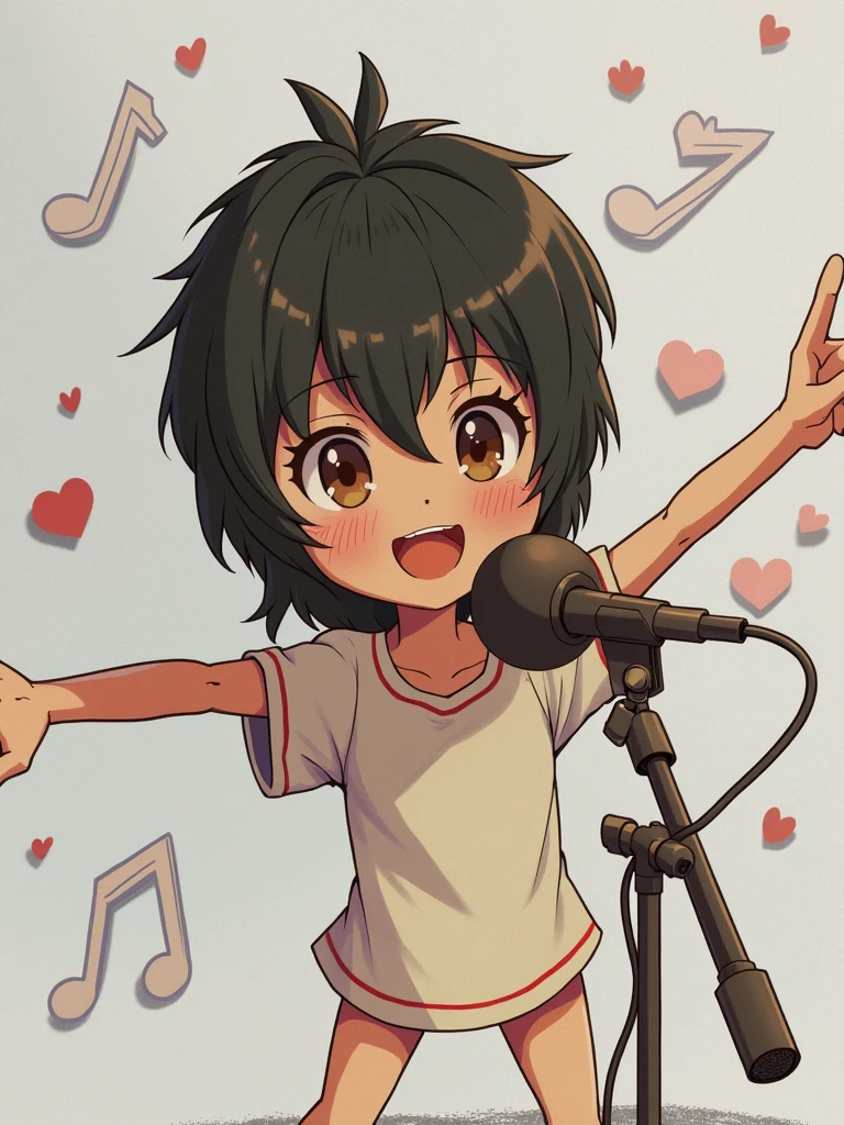 Young and cute in Japan boyish Very short hair Slender figure Cute t-shirt and shorts Using a microphone stand on stage Sing a song Raise your arms Show me your side Spread your legs as far as possible