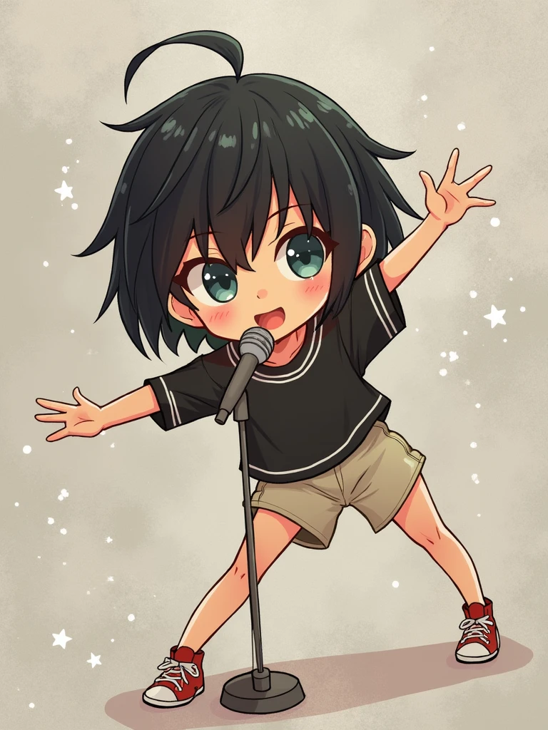 Young and cute in Japan boyish Very short hair Slender figure Cute t-shirt and shorts Using a microphone stand on stage Sing a song Raise your arms Show me your side Spread your legs as far as possible