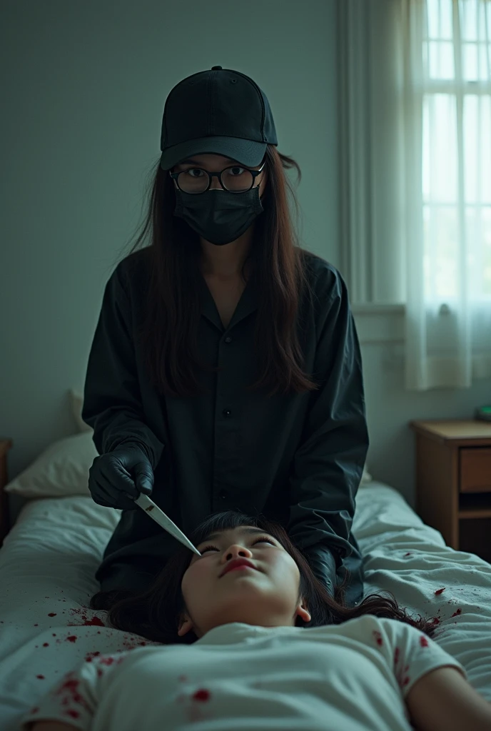 korean girl, (behind stiff, holding knife), stabbing, black surgical mask, black gloves, sunglasses, white room, black raincoat, trucker hat, holding knife, black gloves, 15 years old, woman on top, behind cadaver, blood splatter, on the bed, looking at viewer, mass murderer, killer, blood splatter, dark atmosphere, cinematic lighting, atmospheric realistic, light from the window,
