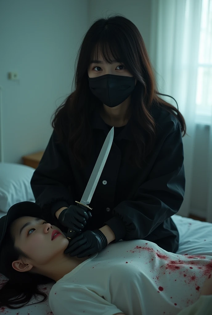 korean girl, (behind stiff, holding knife), stabbing, black surgical mask, black gloves, sunglasses, white room, black raincoat, trucker hat, holding knife, black gloves, 15 years old, woman on top, behind cadaver, blood splatter, on the bed, looking at viewer, mass murderer, killer, blood splatter, dark atmosphere, cinematic lighting, atmospheric realistic, light from the window,