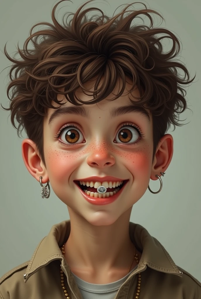 Create a curly haired Italian boy, freckles, piercings in the ears and corner of the mouth, larger than normal canines and an ornament on one of the upper canines