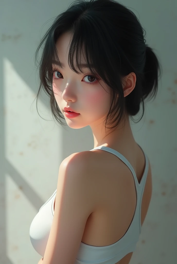 Realistic glowing skin, (sweating:1.8),Stand backwards,Look back at your face,Always look at the camera,(sweating:1.4),(Nipples are visible:1.2),,(whole body:1.8)
,Cold look,Cold Stare,Black Hair,short hair,Tie your hair short,Silky translucent white skin,,(Very detailed美しい顔), Great face and eyes, (Highest quality:1.4), (Very detailedな), (Very detailed CG 統合 8k 壁紙), Very detailed, High resolution raw color photos, Professional photography, Realistic portrait,
 (少女のwhole bodyの詳細なRAW写真), Canon EOS R5 250mm, Sharp focus, Cinema Lighting,  (No makeup:1.2), Fine skin, Delicate collarbone,,(Ultra-high resolution:1.6), (Realistic:1.6), ,(Wearing a white sports bra:1.9),(Japanese junior high school girls:1.9)