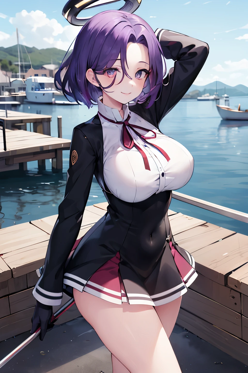 masterpiece, best quality, highres, mechanical halo, (big_breasts:1.2), black dress, neck ribbon, long sleeves, black gloves, outdoors, cowboy shot, standing, holding weapon, polearm,smile,,harbor_town_landscape,purple_halfeyes,(scornful eyes:1.4)