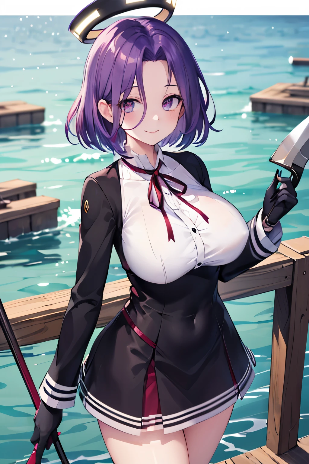 masterpiece, best quality, highres, mechanical halo, (big_breasts:1.2), black dress, neck ribbon, long sleeves, black gloves, outdoors, cowboy shot, standing, holding weapon, polearm,smile,,harbor_town_landscape,purple_halfeyes,(scornful eyes:1.4)