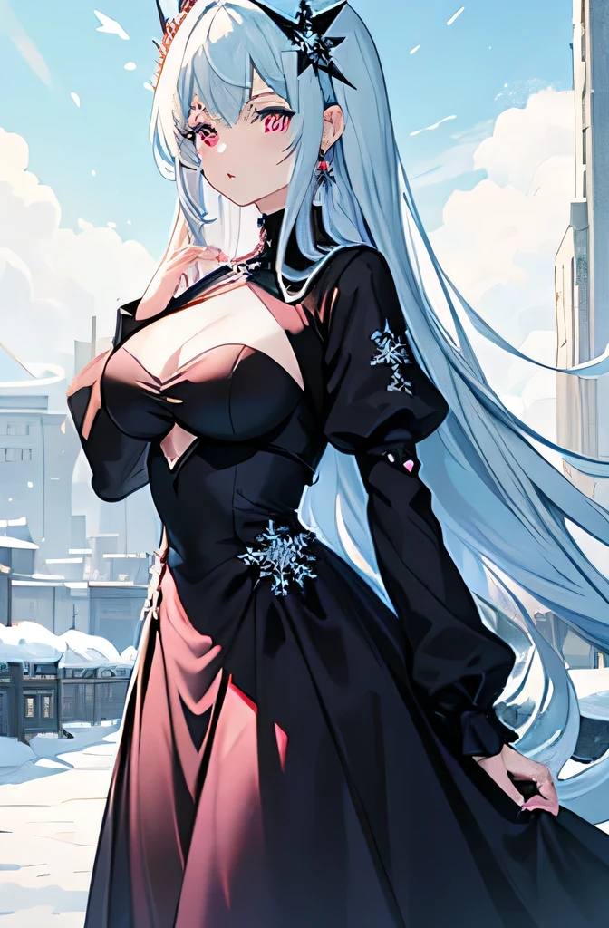 Anime, woman, long hair, pale blue hair, pink eyes, cool, earrings, big boob, wearing a black dress, beautiful, elegant, pure, fantasy, ice, snowflake, snow land,