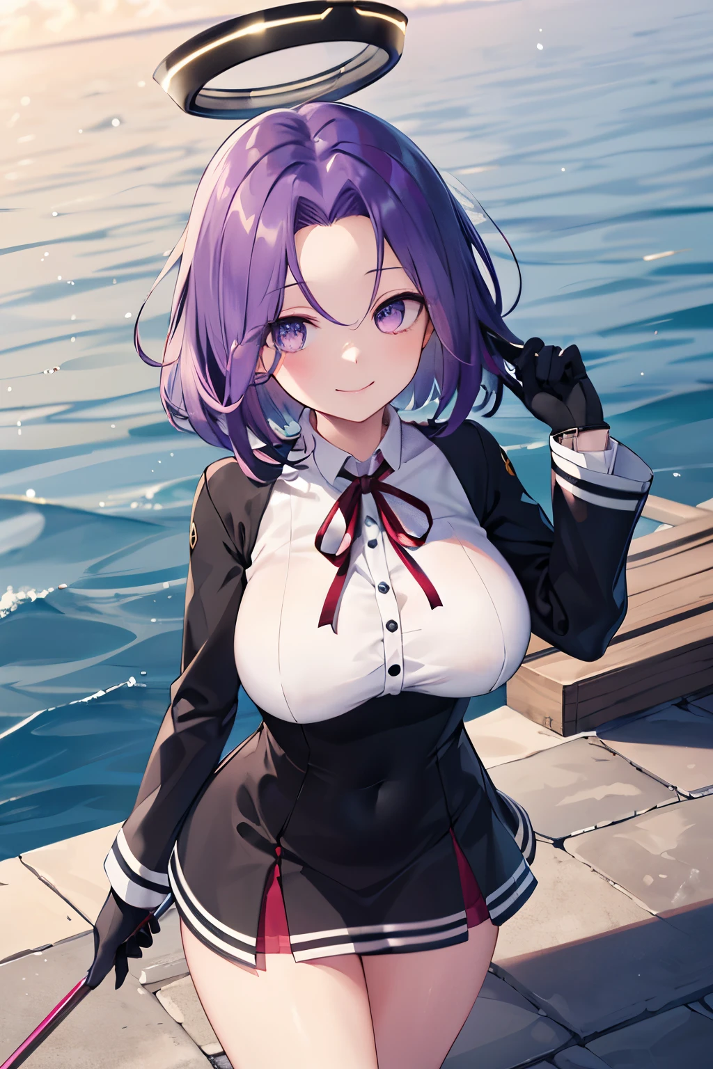 masterpiece, best quality, highres, mechanical halo, (big_breasts:1.2), black dress, neck ribbon, long sleeves, black gloves, outdoors, cowboy shot, standing, holding weapon, polearm,smile,,harbor_town_landscape,purple_halfeyes,(scornful eyes:1.4)