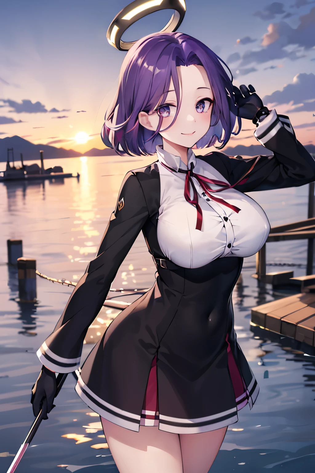 masterpiece, best quality, highres, mechanical halo, (big_breasts:1.2), black dress, neck ribbon, long sleeves, black gloves, outdoors, cowboy shot, standing, holding weapon, polearm,smile,,harbor_town_landscape,purple_halfeyes,(scornful eyes:1.4)