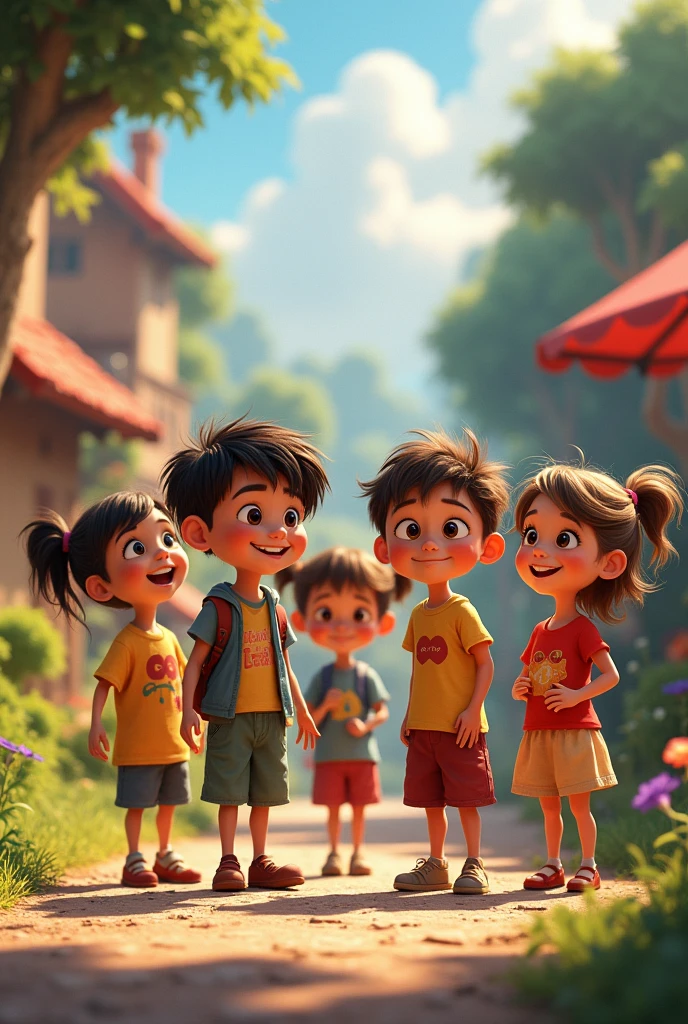 Create an image of two boys and three girls in Disney Pixar style