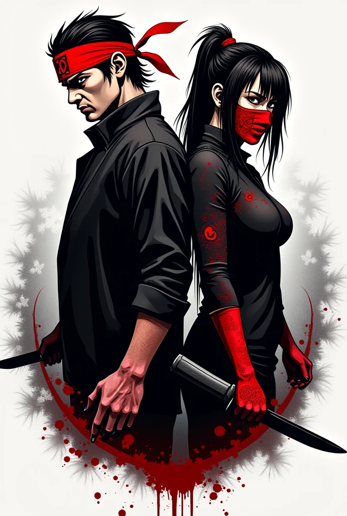 create a logo with the name YAKUZA THE CURSE with man and woman in black clothes and red mask gang style bandana holding weapons