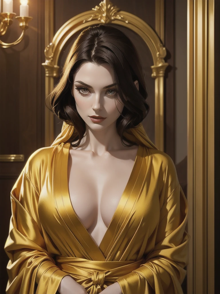 beautiful dark haired woman, pale skin, draped in gold silk bathrobe