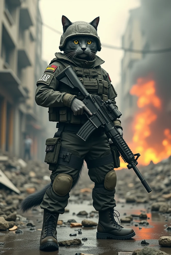 A gray cat with a human body wearing a complete special forces uniform with the Indonesian logo,nametag "deep" ,wearing a special forces helmet,special forces boots holding automatic rifle ready to shoot position,background of a destroyed city there is an explosion,dust,debris from destroyed buildings flying through the air,cinematic,perfect detail,--AR 16:9